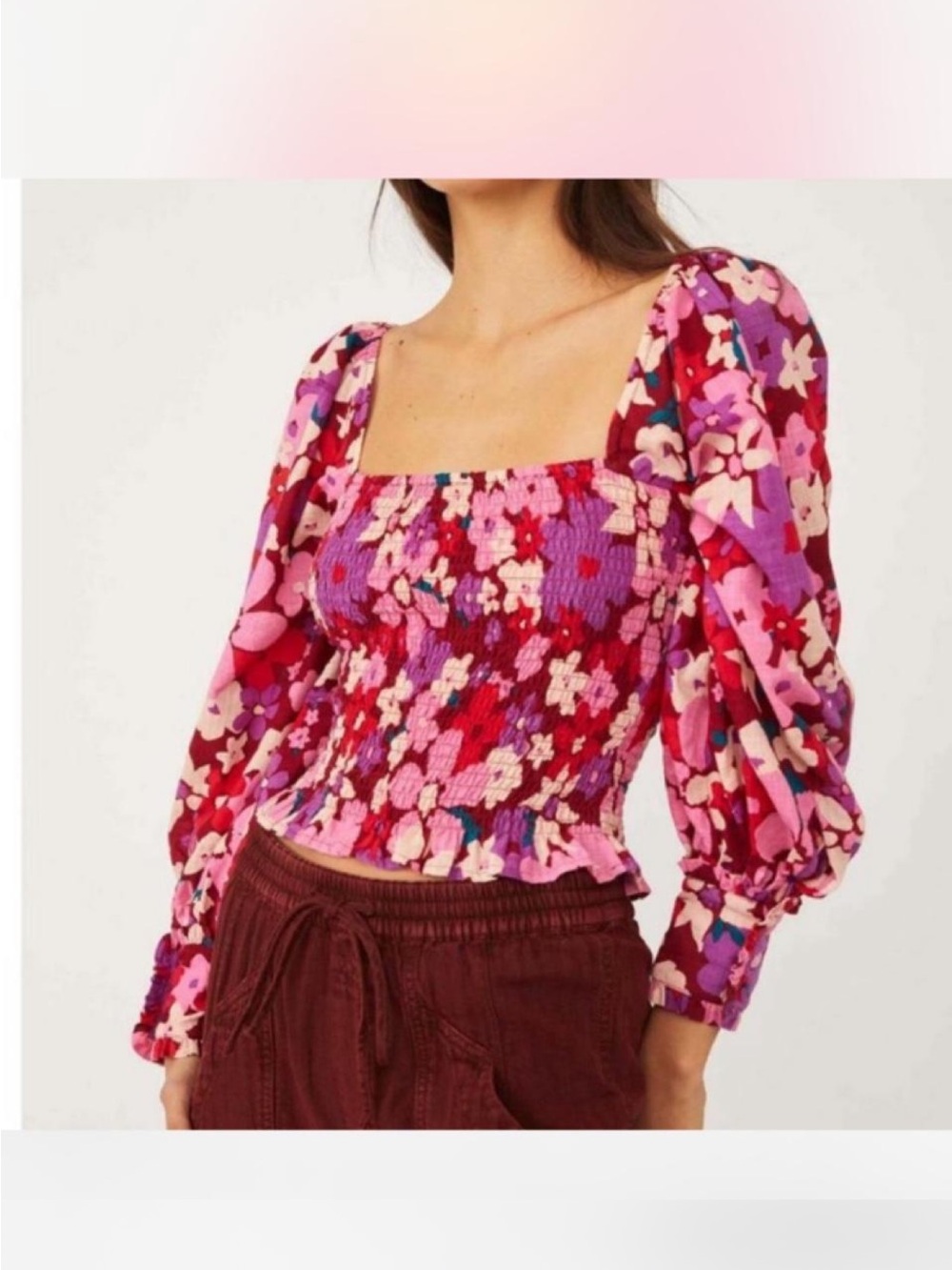 Free People Pink & Red Floral Smocked Square-Neck Puff Sleeve Top